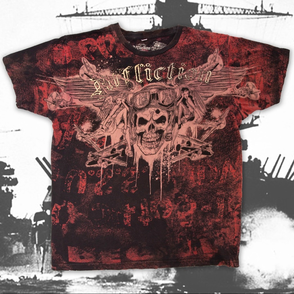 AFFLICTION vintage Skull Aviator AcidWash Mens Tee